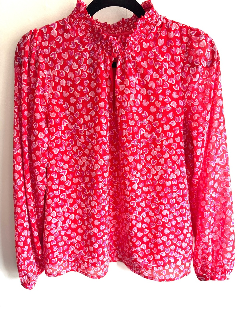 J. Crew Red Heart-Print Smocked Neck Blouse